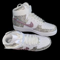 Welcome, Nike Airforce 1’s High Tops With Luxe Crystal & Light Rose Pink Bling Ticks Fronts & Back Design, Made To Last Permanent Design! Colours:Iridescent Crystal Diamond & Light Rose Pink All Colours Available Please See Colour Chart Attached, Brand New In Box Nike Airforce 1’s High Tops Sizes In Usa Women’s 6 6.5 7 7.5 8 8.5 9 9.5 10 10.5 11 11.5 12 12.5 13 Comes With Original & Ribbon Laces To Order; Can Also Be Made In Black Please See Colour Chart Attached To Change Colour Way Or Add Addi White Custom Sneakers With Rhinestones For Streetwear, White Custom Rhinestone Sneakers For Streetwear, White Rhinestone Custom Sneakers For Streetwear, White Rhinestones Custom Sneakers For Streetwear, White High-top Sneakers With Rhinestones, White Iced Out Sneakers For Streetwear, White Embellished Sneakers For Streetwear, White Custom Lace-up Sneakers With Rhinestones, Iced Out Round Toe Sneakers For Streetwear