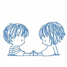 two children shaking hands with each other in front of a white background and blue ink