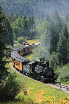 an old fashioned train traveling through the woods