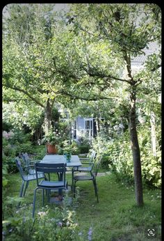 a table and chairs in the middle of a garden with pink flowers hanging from trees