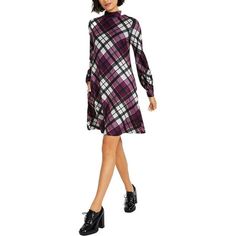 Manufacturer: Jessica Howard Style Type: Sweaterdress Collection: Jessica Howard Sleeve Length: Bishop Sleeves Material: 100% Polyester Fabric Type: Polyester Specialty: Plaid Sku: BH5567601 Size: L.  Color: Purple.  Gender: female.  Age Group: adult. Purple Knee-length Winter Dress, Casual Purple Winter Dresses, Fall Season Shift Mini Dress, Knee-length, Casual Purple Mini Dress For Fall, Multicolor Knee-length Mini Dress For Fall, Purple Fall Workwear Dresses, Fall Purple Knee-length Mini Dress, Fall Knee-length Purple Mini Dress, Purple Knee-length Mini Dress For Fall