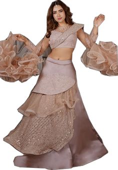 Organza Lehenga With Tiered Skirt For Party, Organza Tiered Lehenga For Party, Organza Tiered Skirt Lehenga For Party, Party Tiered Skirt Set With Ruffles, Fusion Style Lehenga With Traditional Drape For Wedding, Fitted Organza Sharara With Ruffles, Organza Pre-draped Saree With Ruffles For Diwali, Diwali Ruffled Organza Sets, Designer Organza Sets With Ruffles