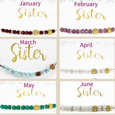 six different types of bracelets with the names of each month and months on them