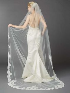 a woman in a wedding dress with a veil on her head and the back of her gown