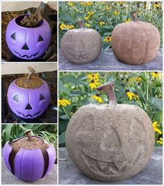 several pictures of pumpkins with faces carved into them