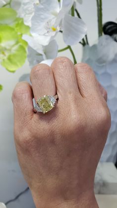 Fancy Yellow Cushion & Half Moons 3Stone Diamond Ring on Hand Canary Yellow Engagement Rings, Light Yellow Diamond Ring, Canary Diamond Engagement Ring, Canary Diamond Ring, Fancy Yellow Diamond Ring, 3 Stone Diamond Ring, Canary Diamond, Half Moons, Yellow Cushion