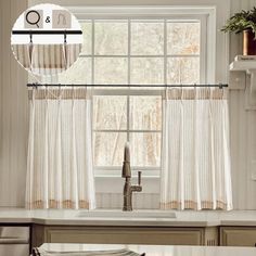 a kitchen window with curtains and a sink in front of it, next to a potted plant