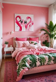 a bedroom with pink walls and palm leaves on the bed