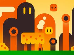 an orange and black background with lots of different shapes, sizes and colors on it