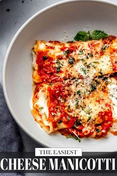 a white plate topped with lasagna covered in marinara sauce and parmesan cheese