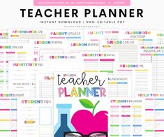 the teacher planner is shown with glasses and an apple in front of it, on top of