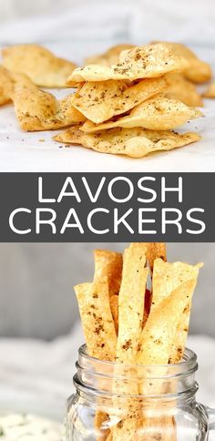 two pictures showing different types of baked crackers in glass jars with text overlay that reads, how to make homemade cheesy nachos