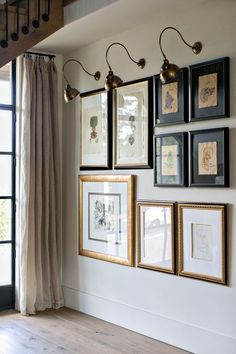 several framed pictures hang on the wall next to a window in a room with wooden floors