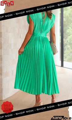 Deep V Neck Waisted Maxi Pleated Swing Dress Green Pleated A-line Maxi Dress, Chic Non-stretch Green Maxi Dress, Chic Green Maxi Dress, Green Non-stretch Pleated Dress, Casual Pleated Party Dress, Chic Short Sleeve Pleated Dress For Spring, Spring Solid Pleated Maxi Dress, Non-stretch Green Dress For Workwear, Non-stretch Pleated A-line Midi Dress