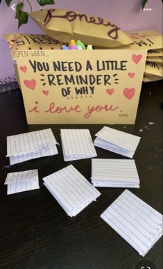 several pieces of paper sitting on top of a table next to a box with writing