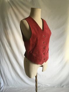 "vintage women's vest Arizona Jean Company deep raspberry pink front zig zag abstract pattern pink/red/purple back leather suede front acetate/nylon back shell and lining button front 2 front pockets elastic waist back band good vintage condition, light wear front suede has aged patina w/marks/fade/stains-see photos label size M, see below measures, lying flat, shoulder-13\" chest-18\" waist-16\" to 17\" length-22\" at front, 18 1/2\" at back" Fitted Red Vest Outerwear, Vintage Fitted Vest For Summer, Red Fitted Vest For Spring, Fitted Red Vest For Spring, Fitted Vest For Fall, Red Fitted Vest For Summer, Fitted Red Vest For Summer, Bohemian Fitted Sleeveless Vest, Fitted Bohemian Sleeveless Vest