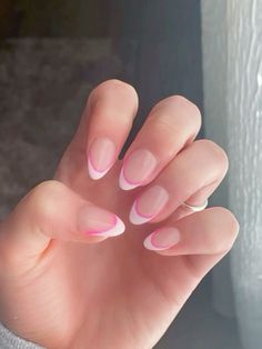 Gel Extensions Ideas, Two Tone Pink French Nails, Almond Nails Designs Simple, Basic Nails Almond, Nail Inspo Almond French Tip, Basic Acrylic Nail Designs, Bright French Tip Nails, Solid Color Almond Nails, Clean Summer Nails