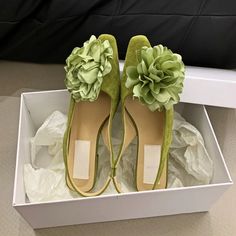 LBSFY - Flower Chunky Heel Mule Shoes Women Suede Fashion High Heels Green Pointed Toe Low Heel Sandals Flowers Mary Jane Women Pumps Heels Green, Flower Season, Mule Shoes, Floral Heels, Low Heel Sandals, Suede Fashion, Pink Pumps, Fashion High Heels, Slingback Sandal