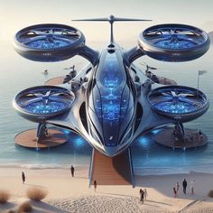 a futuristic flying vehicle on the beach with people walking around it and water in the background