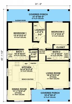 the floor plan for a two bedroom house with an attached bathroom and living room area