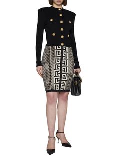 51% wool, 28% viscose, 19% polyamide, 2% elastane Fitted Jacquard Knit Bottoms, Luxury Fitted Mini Skirt For Fall, Luxury Fitted Pencil Skirt, Designer Fall Skirt For Workwear, Designer Skirt For Workwear In Fall, Balmain Blazer, Knee Skirt, Shopping Places, Knee Skirts