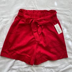 Maison Jules High Waisted Shorts - Stretchy Waistline - Size: Small - Nwt - Fabric Tie Belt - Color: Red Red Cotton Shorts For Day Out, Chic Red High-waisted Shorts, Chic Red Bottoms With Built-in Shorts, Red High Waist Shorts For Day Out, Chic Red Shorts For Spring, Chic Red Spring Shorts, Red Cotton Bottoms For Day Out, High Waist Red Cotton Shorts, Red High Waist Cotton Shorts