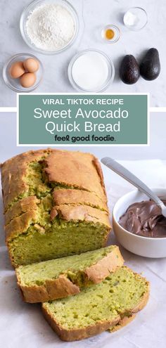 avocado quick bread with text overlay that reads, virtual thick recipe sweet avocado quick bread