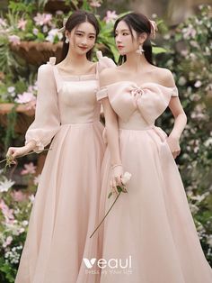 Modest / Simple Blushing Pink Bridesmaid Dresses 2022 A-Line / Princess Backless Bow Floor-Length / Long Bridesmaid Wedding Party Dresses Bridesmaid Dress Design Gowns, Rose Bridesmaid Dresses Blush, Simple Wedding Bridesmaid Dresses, Off-shoulder Dresses For Wedding And Prom Season, Bridesmaid Dress Design, Elegant Dresses Pink, Korean Bridesmaid, Simple Bridesmaid Dress, Off-shoulder Evening Dress For Wedding And Prom