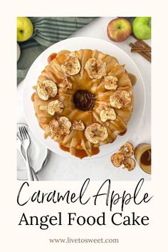 This Caramel Apple Angel Food Cake is a light, fluffy apple angel food cake drizzled with a caramel glaze and homemade salted caramel sauce, then topped with cinnamon apple chips! Perfect for Thanksgiving dessert or any cozy Fall baking day! Apple Angel Food Cake, Cozy Fall Baking, Desserts Fall, Homemade Caramel Recipes, Cake Fall, Caramel Dessert, Caramel Dessert Recipes, Cinnamon Apple Chips, Homemade Salted Caramel