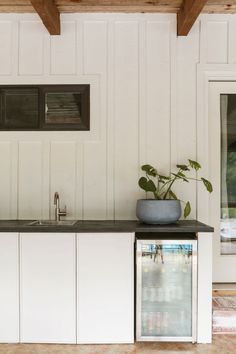 a kitchen area with a sink, refrigerator and potted plant on the counter top