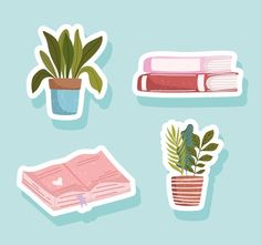 three stickers with plants and books on them