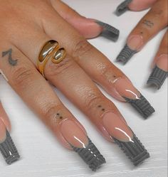 Solid Long Nails, Long Acrylic Nails Coffin Simple, French Tip Inspired Nails, Grey Long Acrylic Nails, Grey Acrylic Nails Designs, Grey Nail Ideas Acrylic, Shades Of Grey Nails, Gray Nails Acrylic, Grey Nails Design