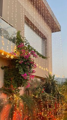 some lights hanging from the side of a building with plants and flowers growing on it