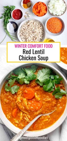 red lentil chicken soup in a white bowl with carrots, rice and cilantro