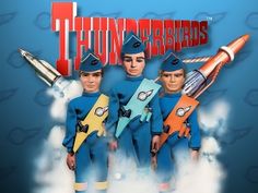 three men in blue uniforms with rockets and stars on their heads, standing next to each other