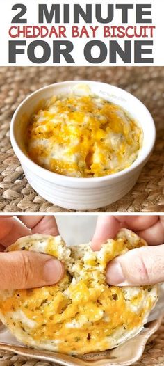 two pictures showing how to make cheddar bay biscuits for one person