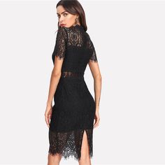 Knee-length Lace Midi Dress, Knee-length Lace Stretch Midi Dress, Knee-length Stretch Lace Midi Dress, Stretch Lace Knee-length Midi Dress, Knee-length Bodycon Lace Dress, Bodycon Knee-length Lace Dress, Knee-length Lace Bodycon Dress For Date Night, Knee-length Bodycon Dress With Lace Trim For Party, Fitted Knee-length Lace Dress For Date Night