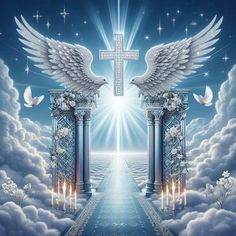 an image of the entrance to heaven with doves