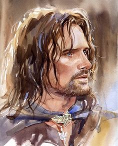 a watercolor painting of a man with long hair