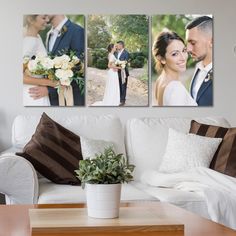 three pictures of a bride and groom hanging on the wall next to a white couch