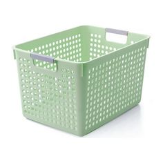 a green plastic basket with holes on the sides and handles, sitting against a white background