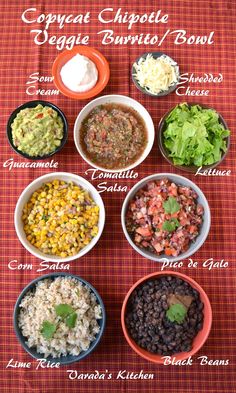 bowls filled with different types of food sitting on top of a red table cloth next to each other