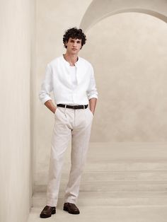 Castello Linen Banded-Collar Shirt | Banana Republic Light Business Casual, Men’s Tea Party Outfit, White Guests Wedding, White Outfits Male, Male Semi Formal Outfits, All White Party Outfits Mens, Tea Party Outfit Men, 21st Outfit Ideas, Wedding Old Money