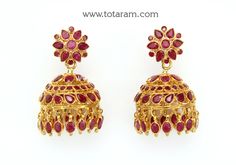 22 karat gold jhumkas (buttalu) - gold dangle earrings with ruby - 235-GJH2449 - in 19.000 Grams for USD $2,297.87 USD. 
Made in India by Totaram Jewelers Online this product is in Gold - 22 Karat BIS Hallmark 916 Gold  & is an excellent gift for Adult - Women. Ships fully insured with secured guaranteed delivery for free with your order over $250 from New Jersey USA & comes with 30 days exchange policy. Luxury Yellow Gold Chandbalis With Intricate Design, Luxury Red Temple Jewelry Chandbalis, 5grams Gold Earrings Jumkas, Ruby Jhumkas Gold, Buttalu Gold, Jhumkas Gold, Gold Jhumkas, 22k Gold Earrings, 22k Gold Jewelry