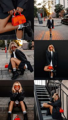 the woman is posing for pictures on the stairs with her hand in her pocket and holding an orange purse