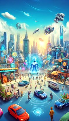 an image of a futuristic city with cars and people