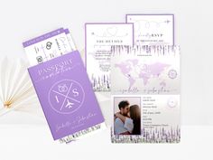 the wedding stationery is purple and white with an image of a couple in love