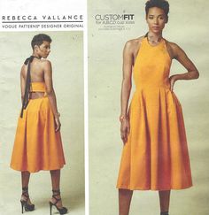 two pictures of a woman in an orange dress and black high heeled shoes, one is wearing a halter top