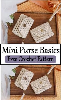 three crocheted purses with text overlay reading mini purse basics free crochet pattern