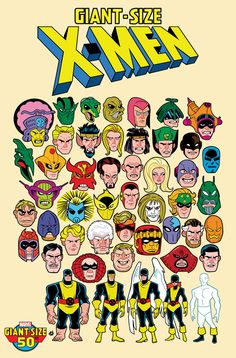 the cover to giant size x - men comic book, with many different faces and colors